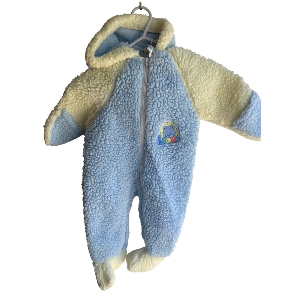 Vintage Cuddle Time‎ Blue Cream Sherpa Fleece Hooded Pram Suit Bunting Small